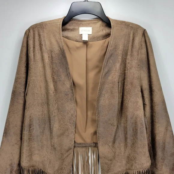 Chicos Faux Leather Fringe Open Front Jacket Women 1 Medium Boho Western Cowgirl - Picture 3 of 12